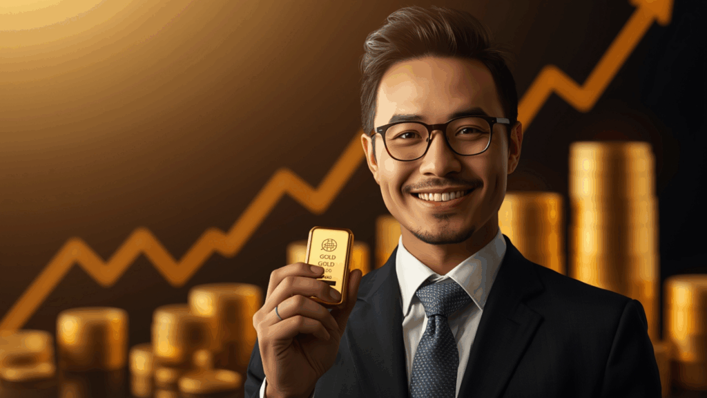 Investor muda memegang batangan emas dengan latar grafik harga emas naik.