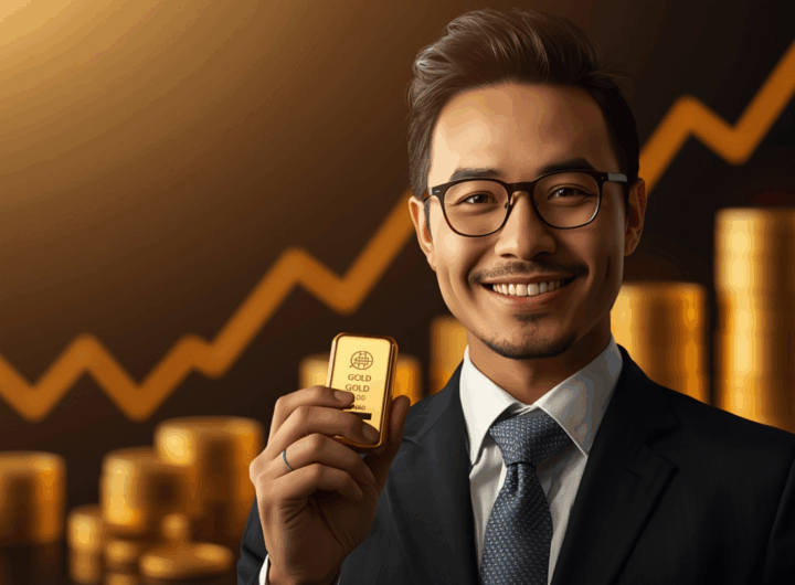 Investor muda memegang batangan emas dengan latar grafik harga emas naik.