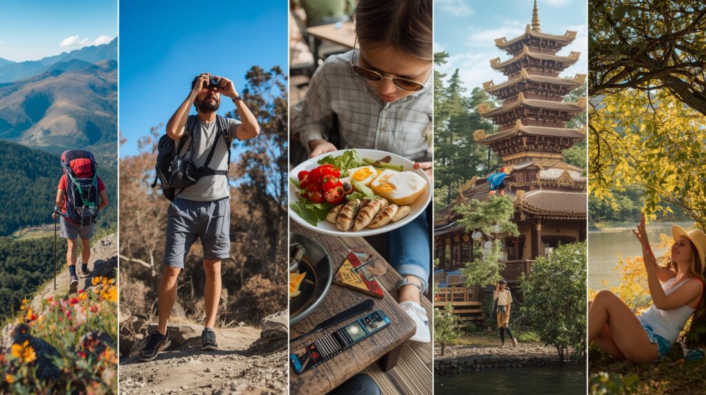 Kolase lima tipe traveler dengan gaya liburan berbeda: petualang, pencinta kuliner, penikmat budaya, traveler urban, dan pencinta alam.