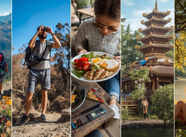 Kolase lima tipe traveler dengan gaya liburan berbeda: petualang, pencinta kuliner, penikmat budaya, traveler urban, dan pencinta alam.