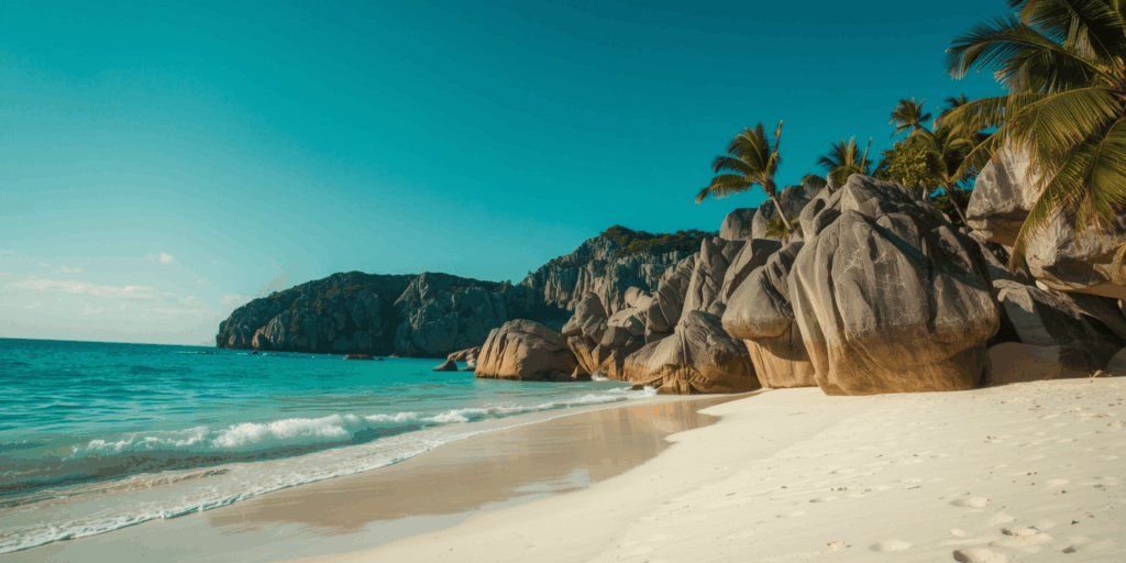 Pantai Belitung dengan batu granit besar dan laut biru toska di bawah langit cerah.