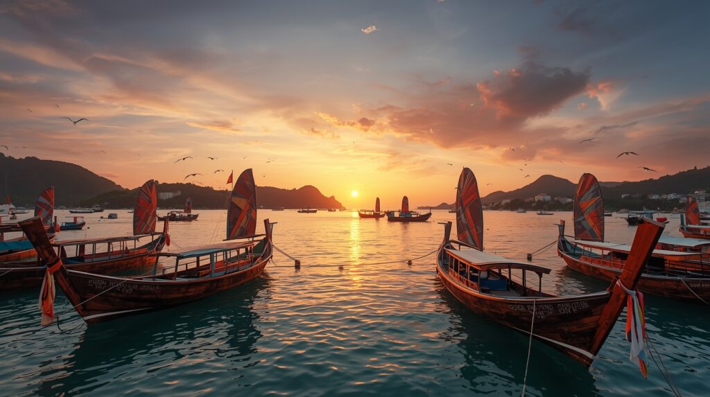 Kapal pinisi di Labuan Bajo saat matahari terbenam