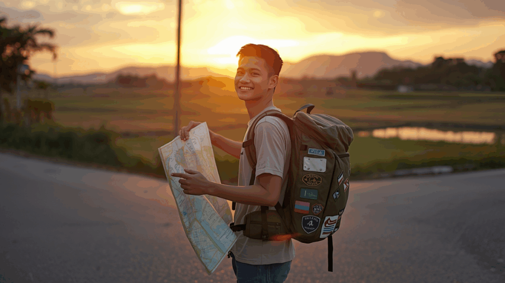Seorang backpacker pemula berdiri di persimpangan jalan desa saat matahari terbenam, membawa ransel besar dan memegang peta sambil tersenyum.