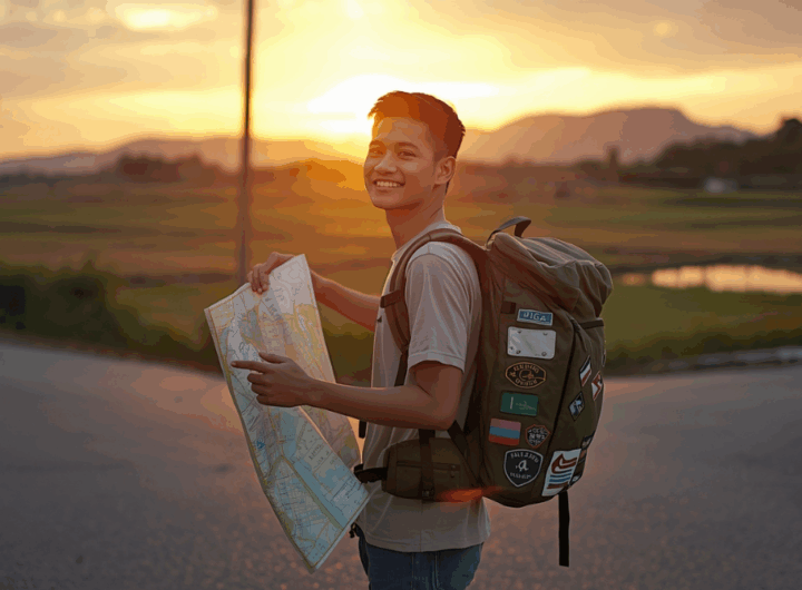 Seorang backpacker pemula berdiri di persimpangan jalan desa saat matahari terbenam, membawa ransel besar dan memegang peta sambil tersenyum.