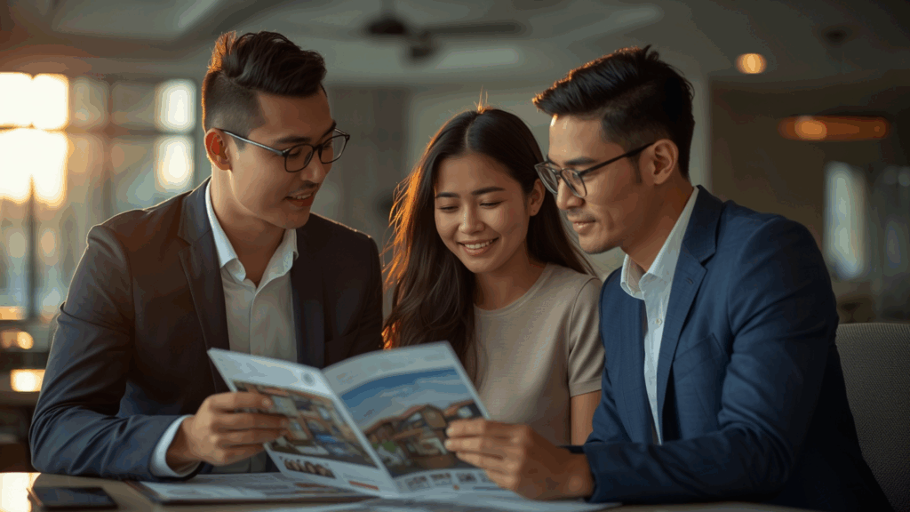 Pasangan muda Indonesia sedang berkonsultasi dengan agen properti profesional di kantor modern untuk membeli rumah pertama mereka.