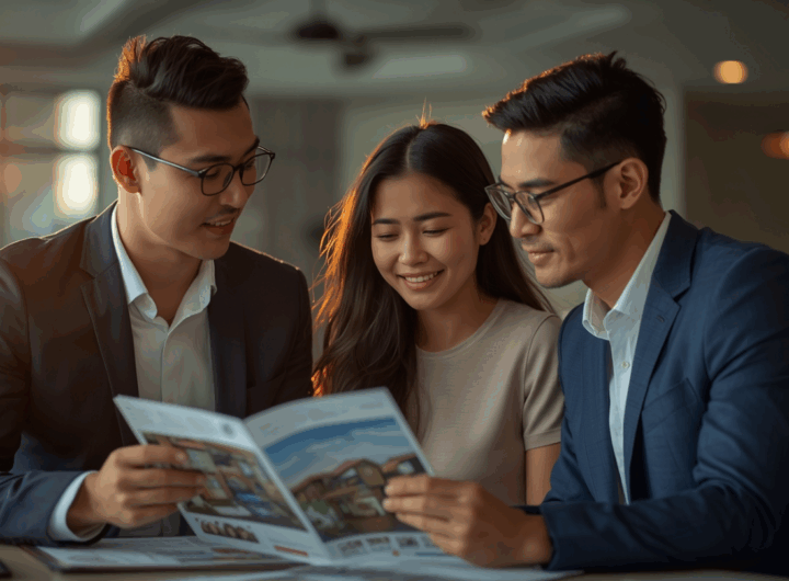 Pasangan muda Indonesia sedang berkonsultasi dengan agen properti profesional di kantor modern untuk membeli rumah pertama mereka.