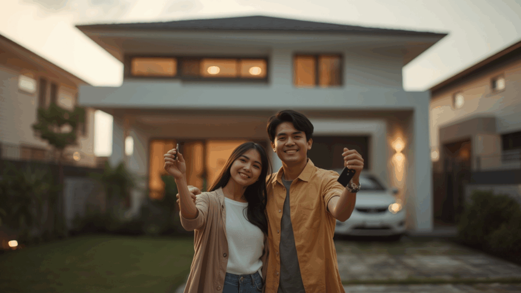 Pasangan muda Asia bahagia berpose di depan rumah baru mereka, masing-masing memegang kunci rumah dengan senyum cerah, di latar belakang terdapat rumah modern dua lantai dan mobil putih.