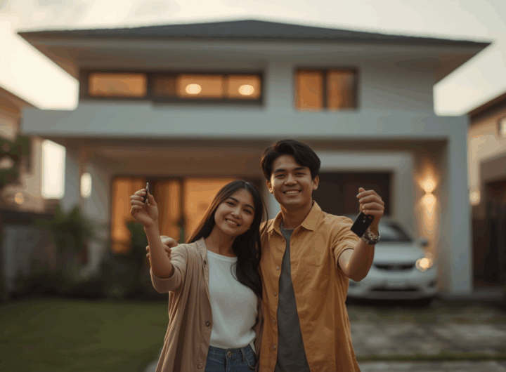 Pasangan muda Asia bahagia berpose di depan rumah baru mereka, masing-masing memegang kunci rumah dengan senyum cerah, di latar belakang terdapat rumah modern dua lantai dan mobil putih.