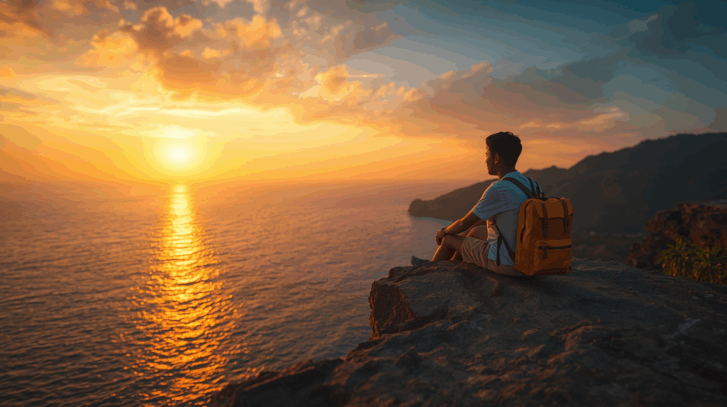 Traveler duduk di tepi tebing menikmati pemandangan laut saat matahari terbenam.