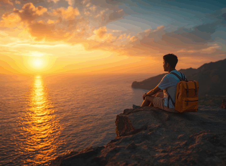 Traveler duduk di tepi tebing menikmati pemandangan laut saat matahari terbenam.