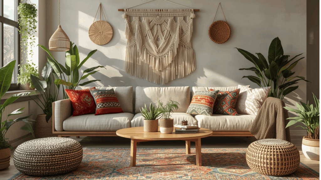 Ruang tamu bergaya Boho modern dengan dekorasi etnik dan warna lembut.