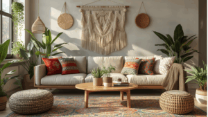 Ruang tamu bergaya Boho modern dengan dekorasi etnik dan warna lembut.
