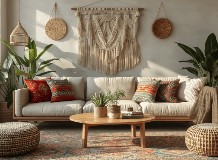 Ruang tamu bergaya Boho modern dengan dekorasi etnik dan warna lembut.