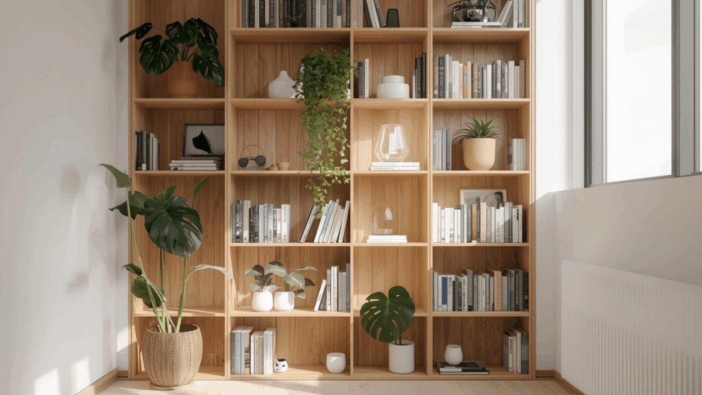 Area dinding vertikal dengan rak gantung kayu dan tanaman indoor yang mempercantik desain interior rumah.