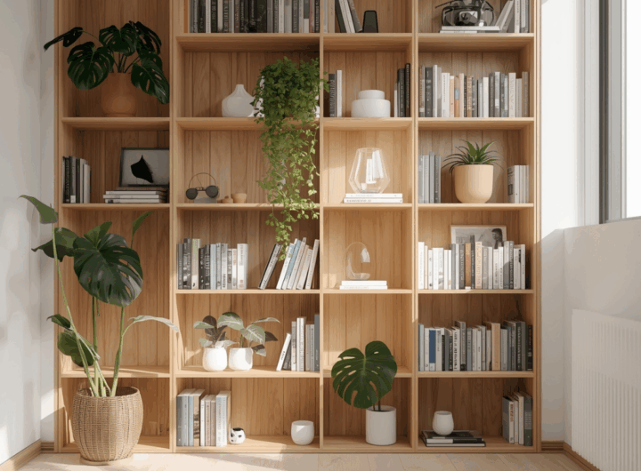 Area dinding vertikal dengan rak gantung kayu dan tanaman indoor yang mempercantik desain interior rumah.