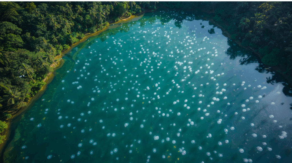 Pemandangan udara Danau Kakaban di Kalimantan Timur dengan ubur-ubur tanpa sengat di air biru kehijauan.