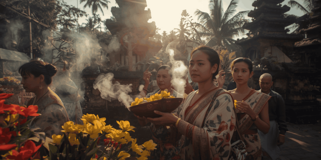Perempuan Bali membawa sesajen di upacara adat, dikelilingi bunga dan dupa — menggambarkan kekuatan spiritual dan tradisi yang membuat Bali tetap jadi destinasi favorit di dunia.