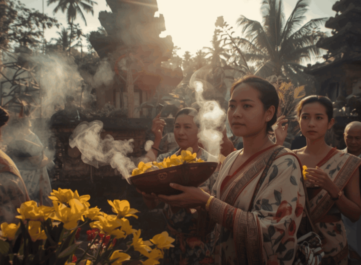 Perempuan Bali membawa sesajen di upacara adat, dikelilingi bunga dan dupa — menggambarkan kekuatan spiritual dan tradisi yang membuat Bali tetap jadi destinasi favorit di dunia.