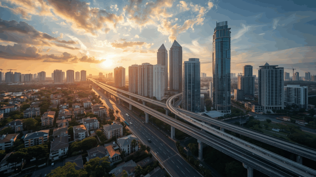 pemandangan kota jakarta modern dengan gedung tinggi dan perumahan hijau melambangkan kenaikan harga properti di indonesia