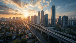 pemandangan kota jakarta modern dengan gedung tinggi dan perumahan hijau melambangkan kenaikan harga properti di indonesia