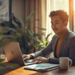 Seorang profesional muda Indonesia sedang menganalisis grafik investasi di laptop di meja kerja rumah yang hangat.