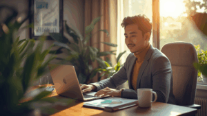 Seorang profesional muda Indonesia sedang menganalisis grafik investasi di laptop di meja kerja rumah yang hangat.