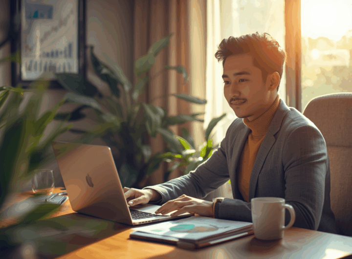 Seorang profesional muda Indonesia sedang menganalisis grafik investasi di laptop di meja kerja rumah yang hangat.