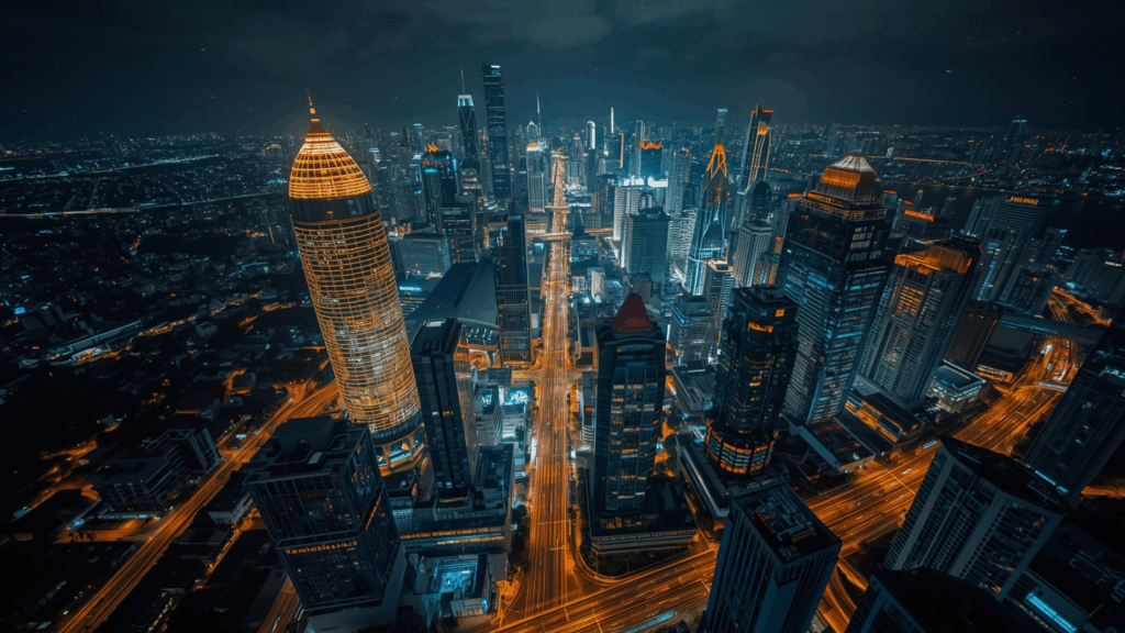 Pemandangan malam Jakarta dengan gedung pencakar langit modern dan lampu kota berkilau.