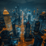 Pemandangan malam Jakarta dengan gedung pencakar langit modern dan lampu kota berkilau.