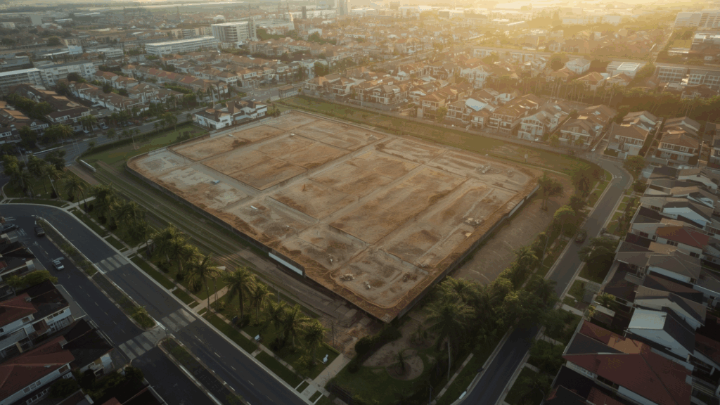 Pemandangan udara kawasan pinggiran kota dengan lahan kosong siap dikembangkan untuk investasi tanah.