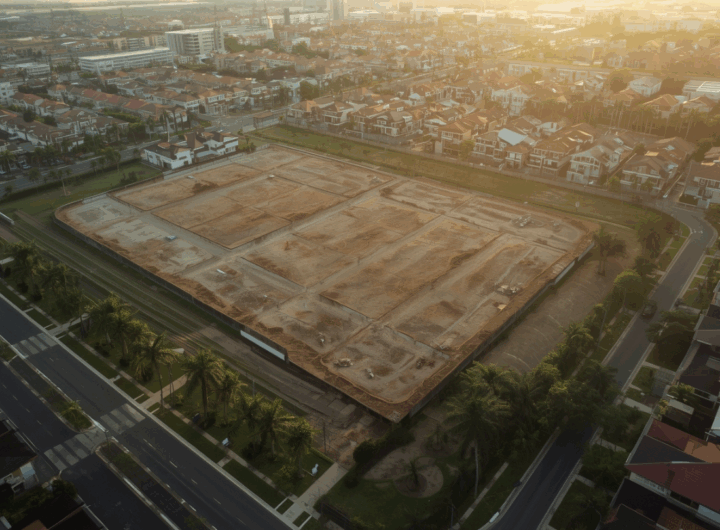 Pemandangan udara kawasan pinggiran kota dengan lahan kosong siap dikembangkan untuk investasi tanah.