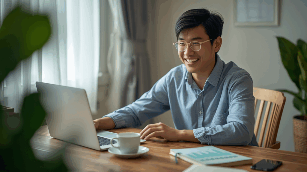 Orang Indonesia muda bekerja di meja dengan laptop dan catatan keuangan pribadi, tersenyum melihat grafik keuangan naik.