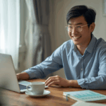 Orang Indonesia muda bekerja di meja dengan laptop dan catatan keuangan pribadi, tersenyum melihat grafik keuangan naik.