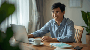 Orang Indonesia muda bekerja di meja dengan laptop dan catatan keuangan pribadi, tersenyum melihat grafik keuangan naik.