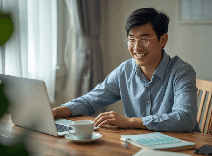 Orang Indonesia muda bekerja di meja dengan laptop dan catatan keuangan pribadi, tersenyum melihat grafik keuangan naik.