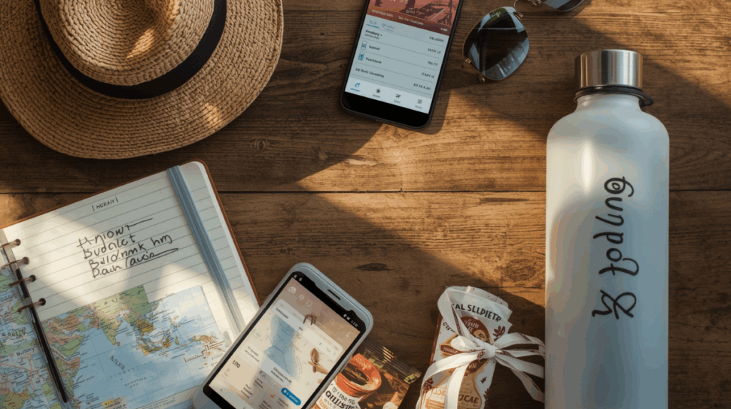 Sebuah flat lay yang menampilkan kebutuhan perjalanan di atas meja kayu.