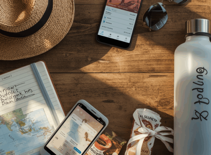 Sebuah flat lay yang menampilkan kebutuhan perjalanan di atas meja kayu.