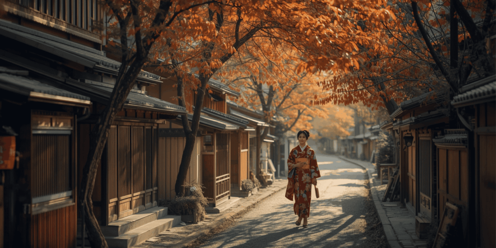 Perempuan memakai kimono berjalan di jalan kecil Kyoto saat musim gugur dengan daun berwarna oranye dan lentera tradisional.