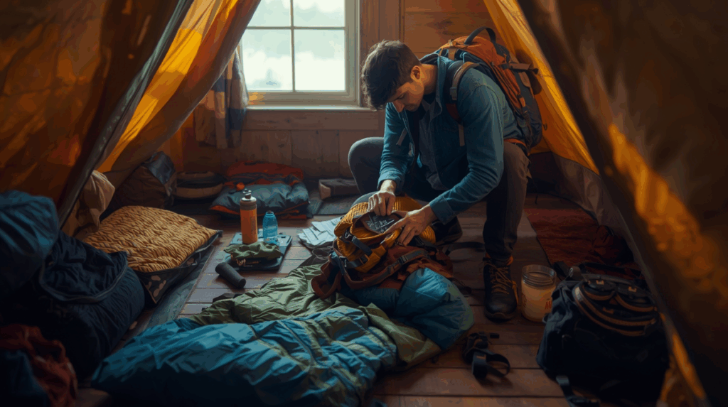 Seorang pendaki menyiapkan perlengkapan sebelum naik gunung di basecamp