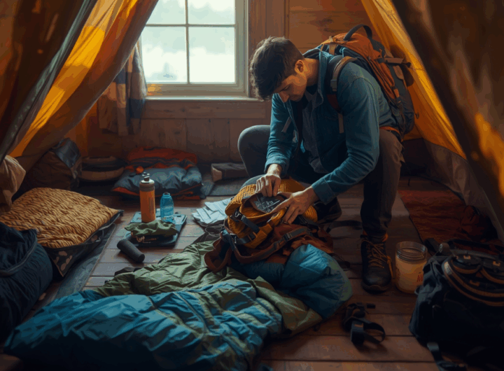 Seorang pendaki menyiapkan perlengkapan sebelum naik gunung di basecamp