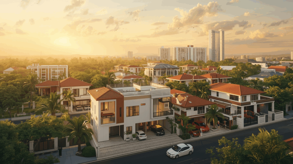 Ilustrasi tujuh jenis properti paling dicari di Indonesia menampilkan rumah tapak, apartemen, ruko, kos-kosan, villa, gudang, dan tanah kavling dengan latar kota tropis saat senja.