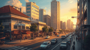 Kawasan properti komersial modern di Indonesia dengan ruko, kantor, dan food court