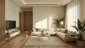 ruang tamu minimalis elegan hasil renovasi hemat