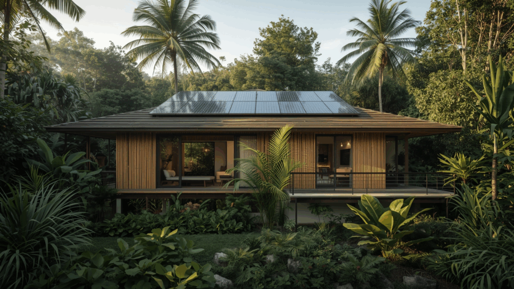 Rumah ramah lingkungan tropis modern dengan panel surya di atap dan taman hijau alami.