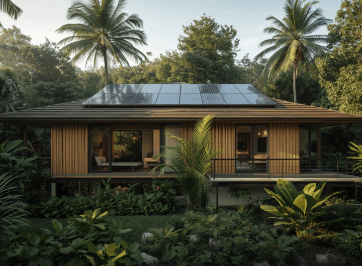 Rumah ramah lingkungan tropis modern dengan panel surya di atap dan taman hijau alami.