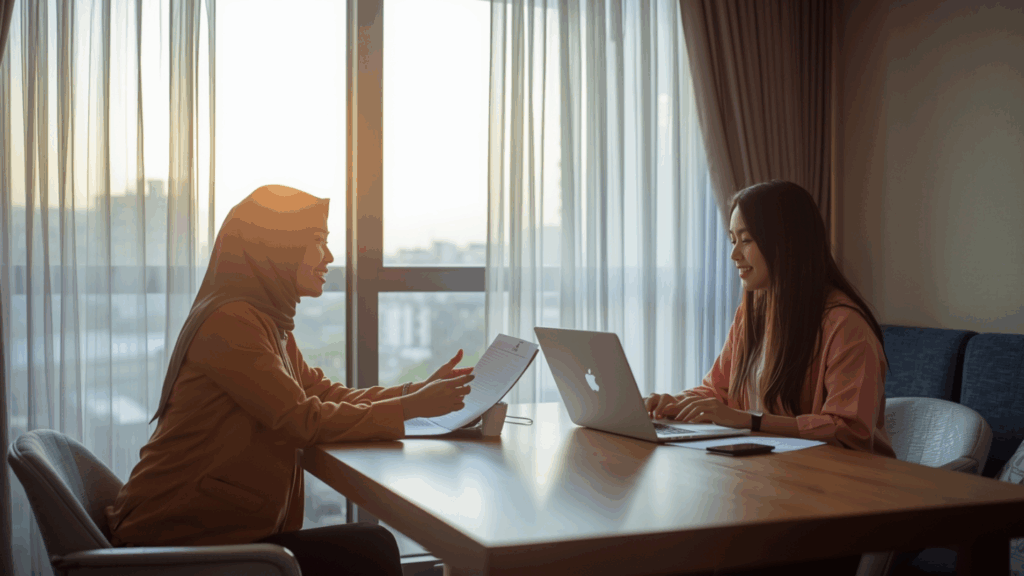 Wanita muda berdiskusi dengan agen properti di ruang tamu apartemen modern sambil meninjau kontrak sewa.