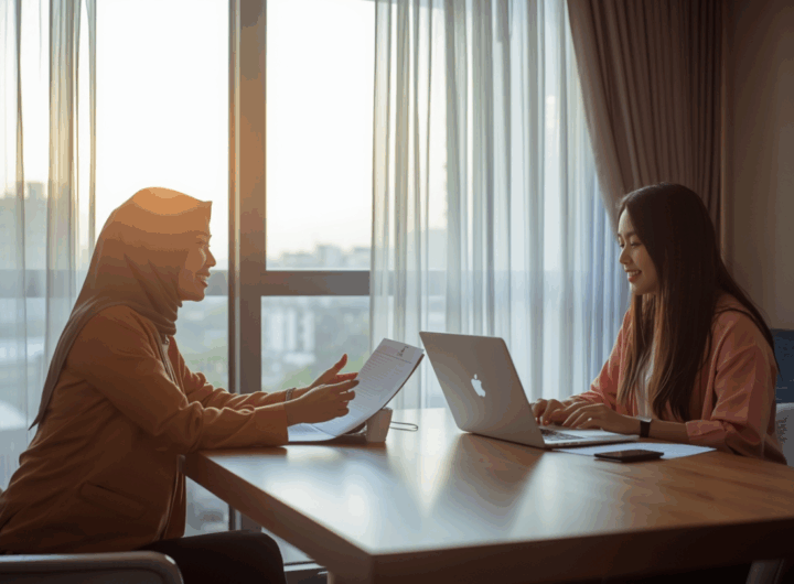 Wanita muda berdiskusi dengan agen properti di ruang tamu apartemen modern sambil meninjau kontrak sewa.