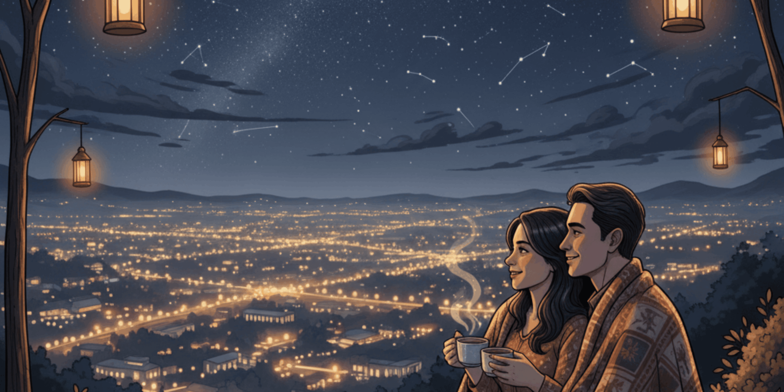 Pasangan menikmati pemandangan malam dari Bukit Bintang Yogyakarta