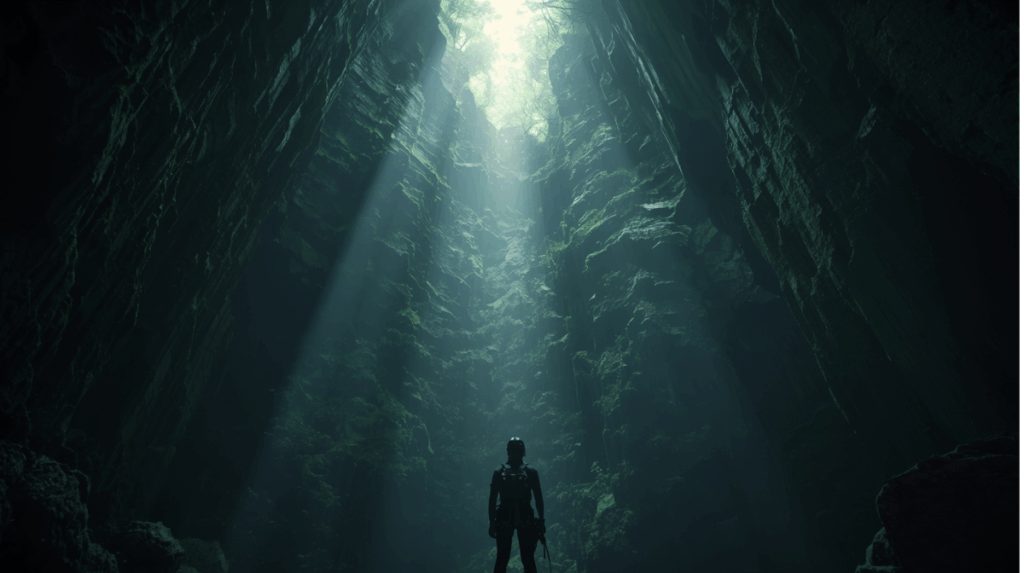 Petualang di dalam Goa Jomblang Yogyakarta dengan cahaya matahari menembus lubang goa, salah satu tempat wisata unik di Indonesia.