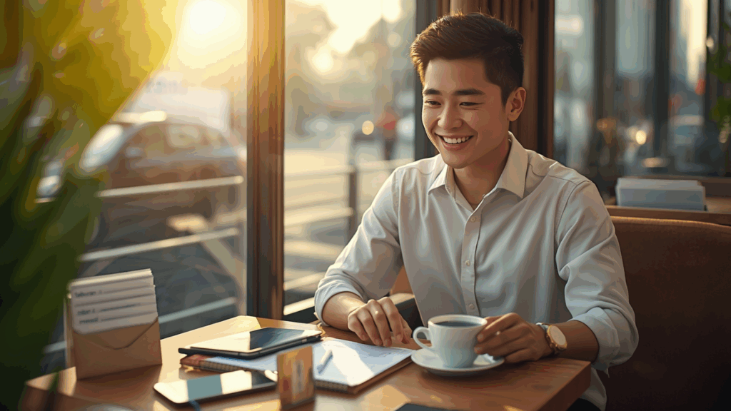 Profesional muda Indonesia sedang menabung dan mencatat keuangan di kafe dengan laptop dan amplop tabungan.